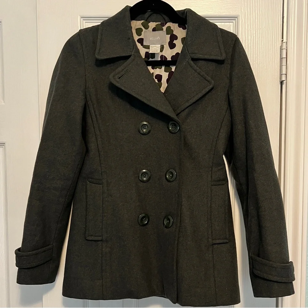 dELiA*s Greenish Charcoal Double-Breasted Pea Coat Y2K - Picture 1 of 9